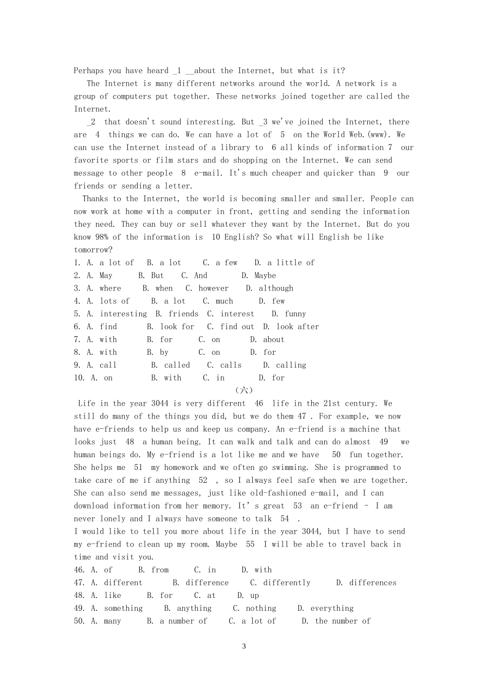 八年级英语完形填空练习题(含答案)_第3页