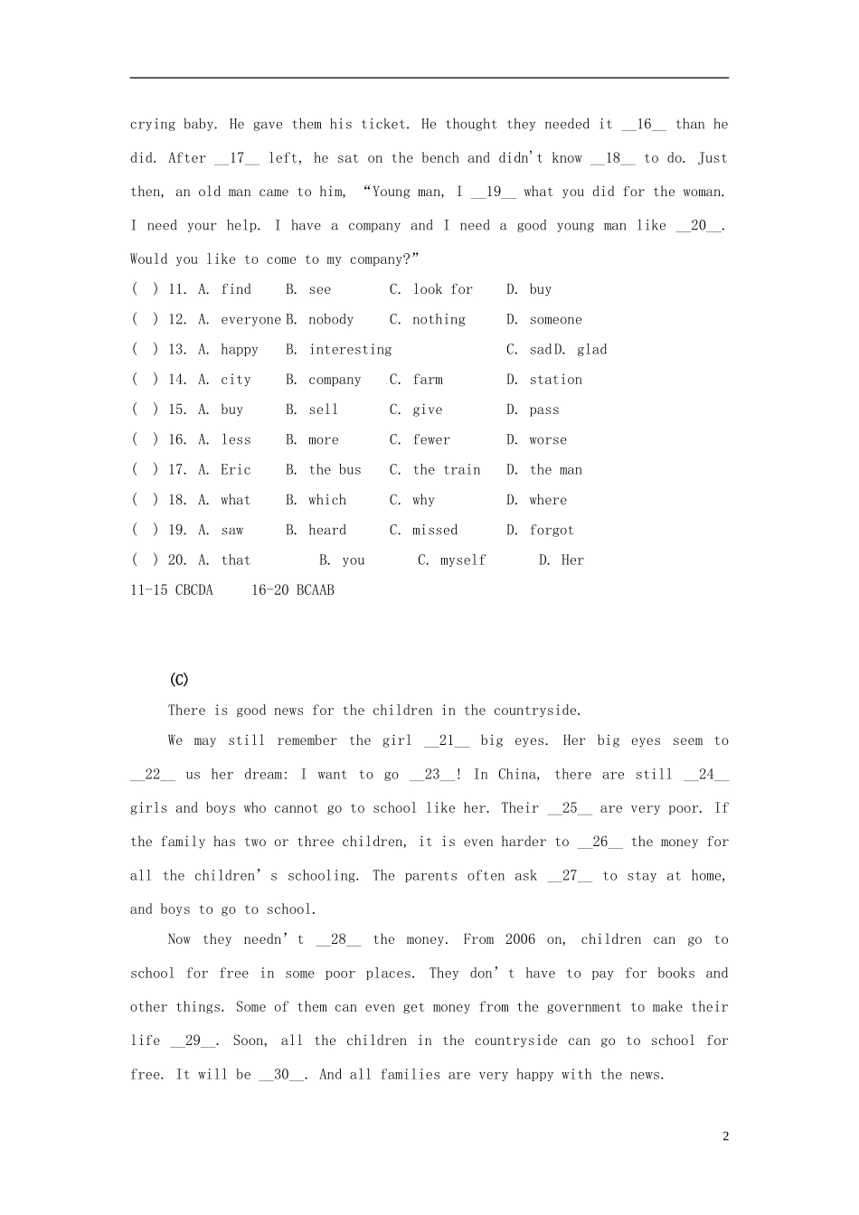八年级英语下册完形填空阅读专项练习(有答案)-_第2页