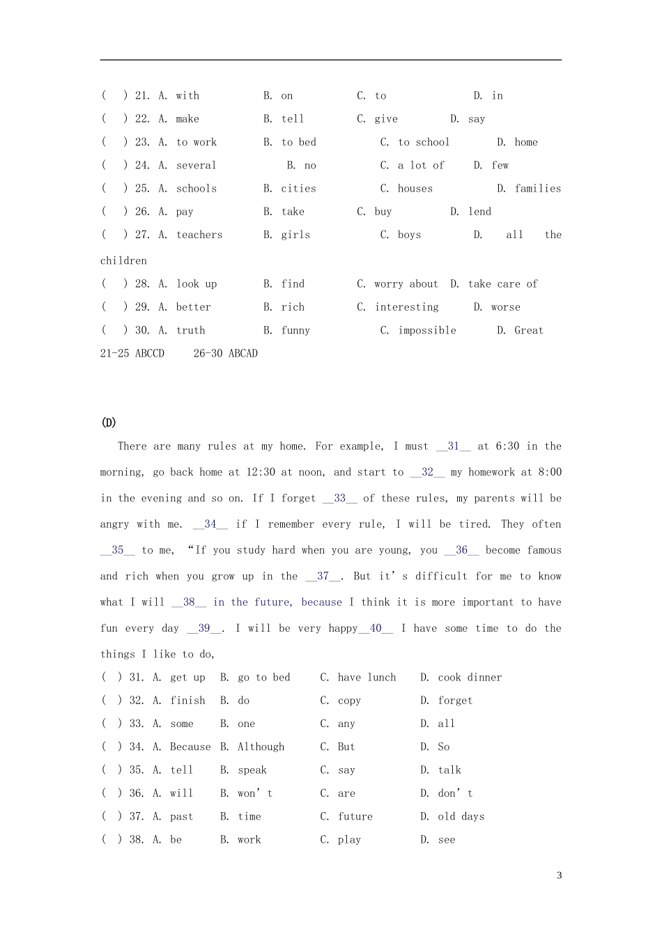 八年级英语下册完形填空阅读专项练习(有答案)-_第3页