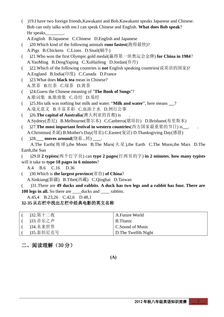 八年级英语知识竞赛试卷_第2页