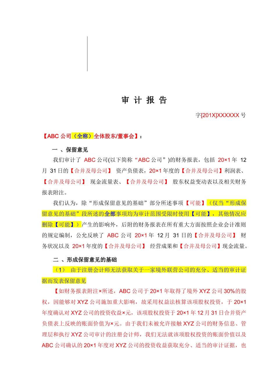 保留意见审计报告(适用于非上市公司)_第1页