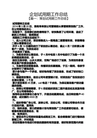 企划书之企划试用期工作总结