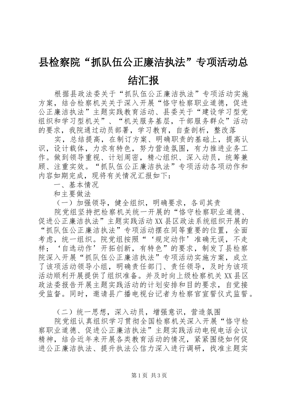 县检察院抓队伍公正廉洁执法专项活动总结汇报_第1页