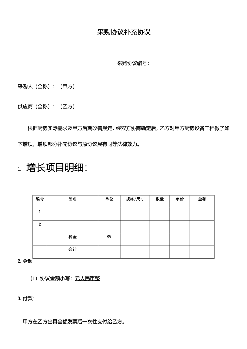 采购协议模板合同补充协议模板_第1页