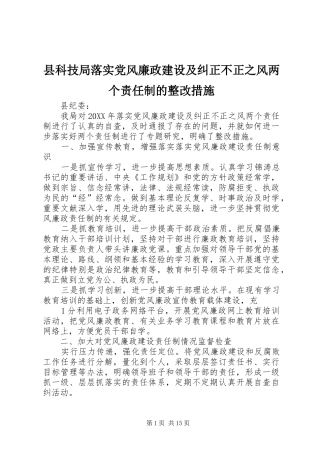 县科技局落实党风廉政建设及纠正不正之风两个责任制的整改措施