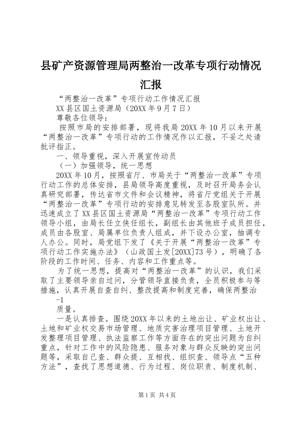 县矿产资源管理局两整治一改革专项行动情况汇报_第1页