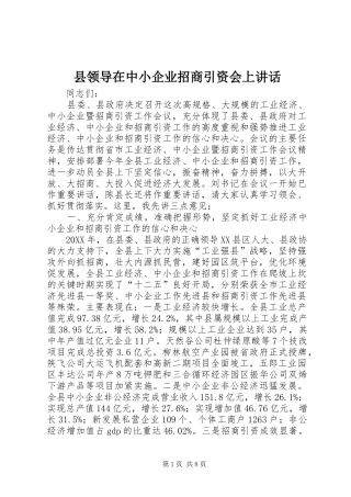 县领导在中小企业招商引资会上致辞
