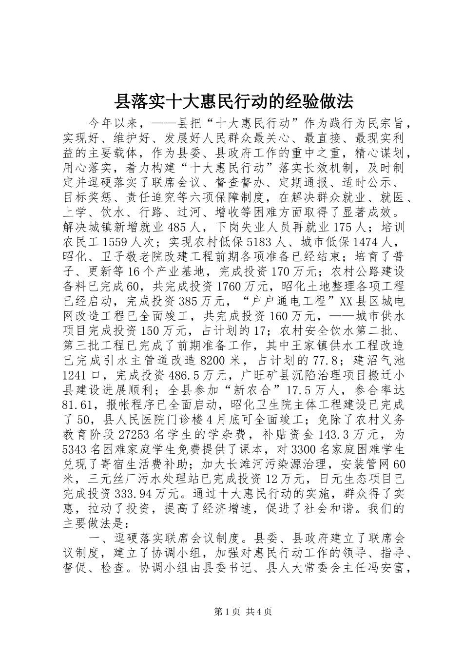 县落实十大惠民行动的经验做法_第1页