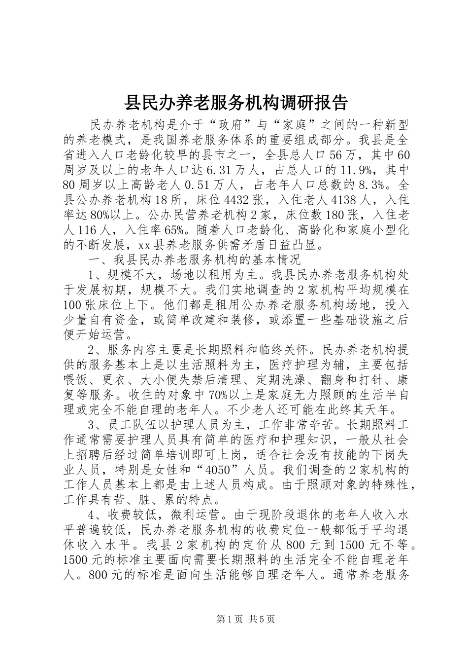 县民办养老服务机构调研报告_第1页