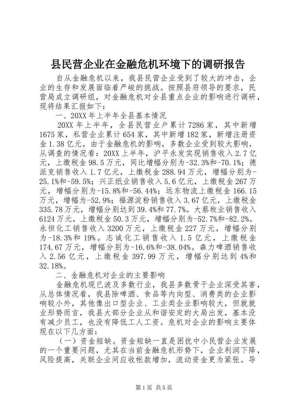 县民营企业在金融危机环境下的调研报告_第1页