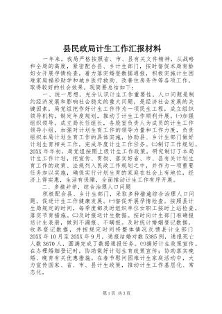 县民政局计生工作汇报材料