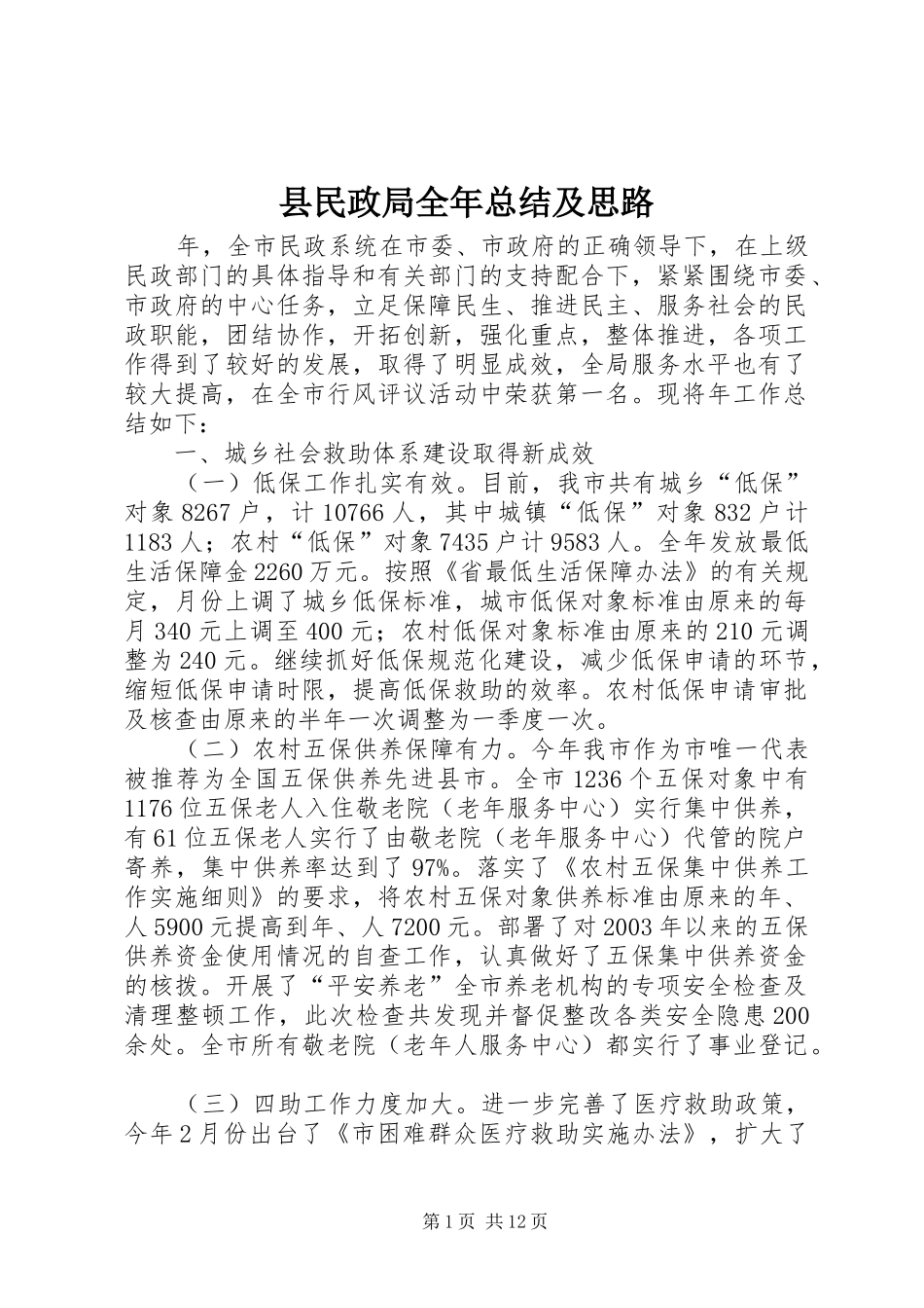 县民政局全年总结及思路_第1页