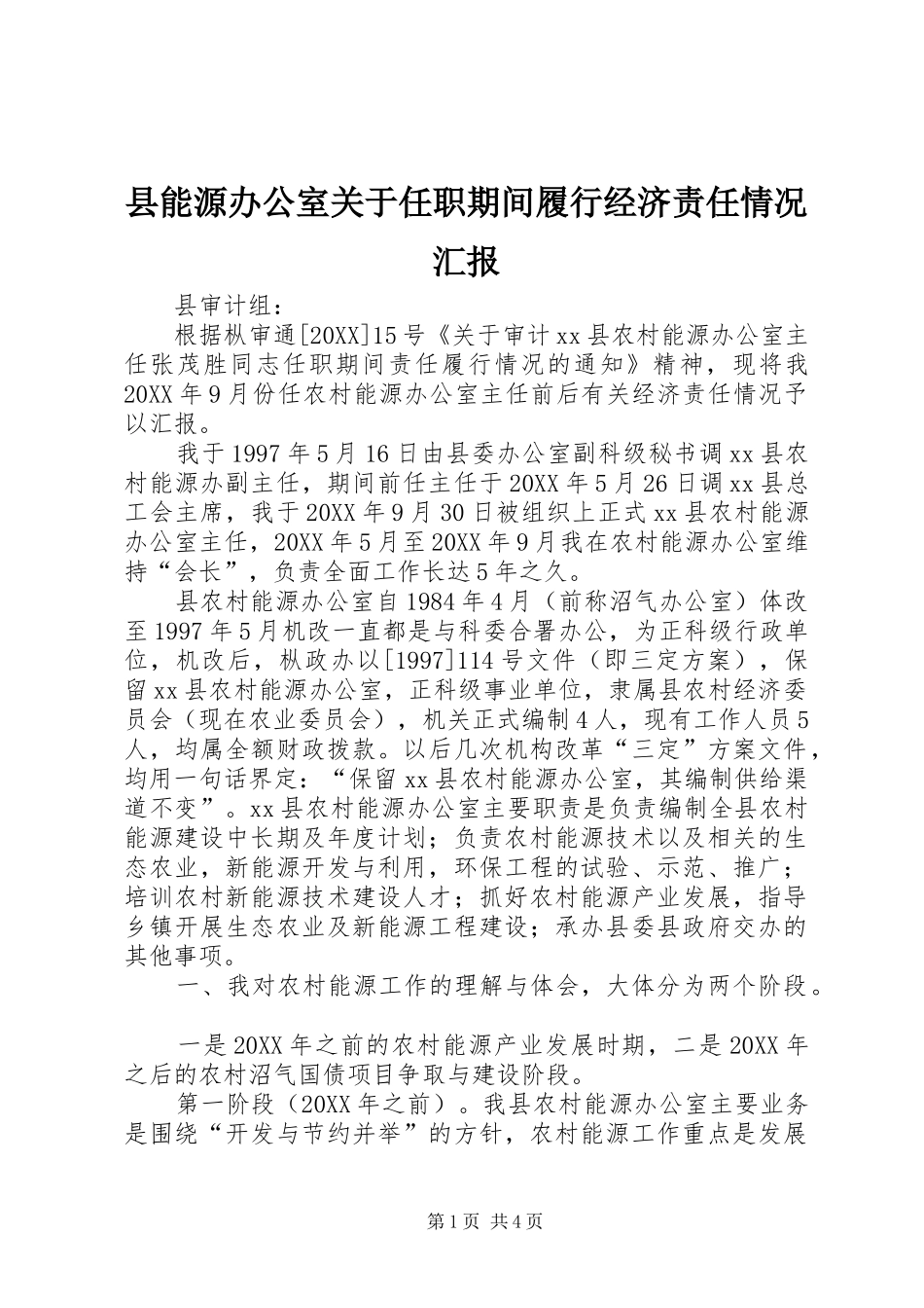 县能源办公室关于任职期间履行经济责任情况汇报_第1页