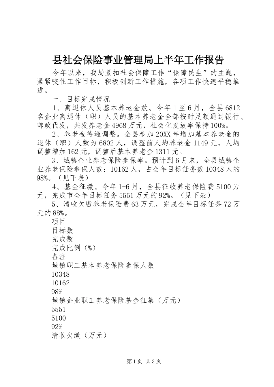 县社会保险事业管理局上半年工作报告_第1页
