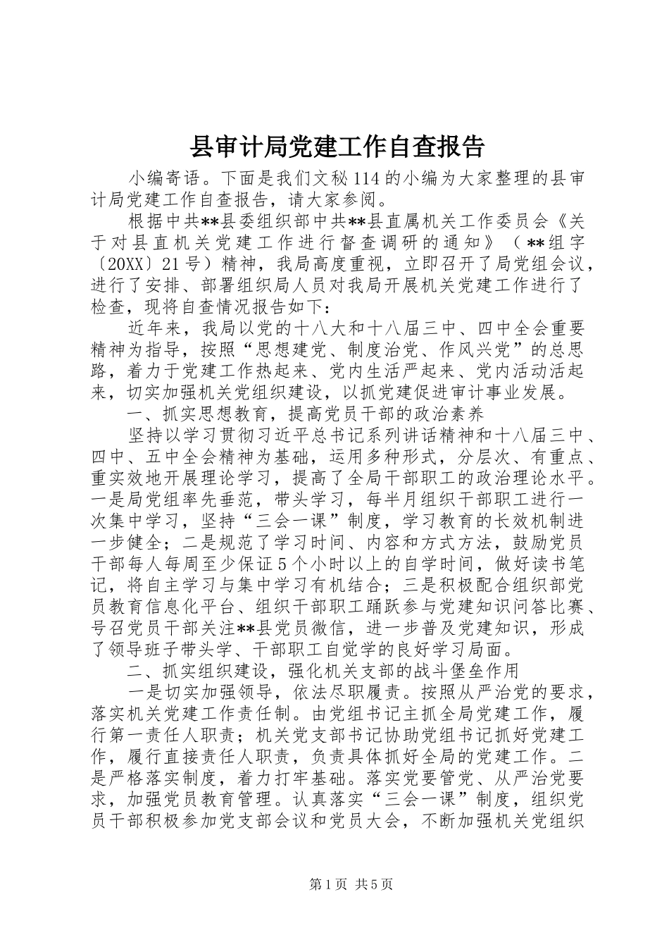 县审计局党建工作自查报告_第1页