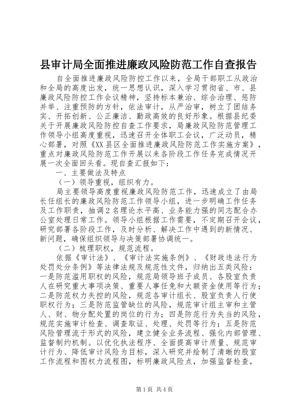 县审计局全面推进廉政风险防范工作自查报告_第1页