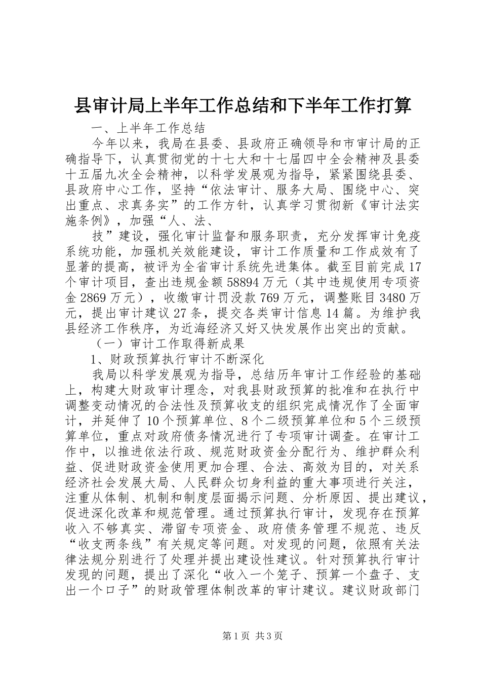 县审计局上半年工作总结和下半年工作打算_第1页