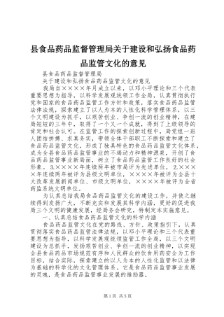 县食品药品监督管理局关于建设和弘扬食品药品监管文化的意见