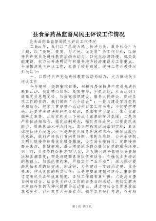 县食品药品监督局民主评议工作情况