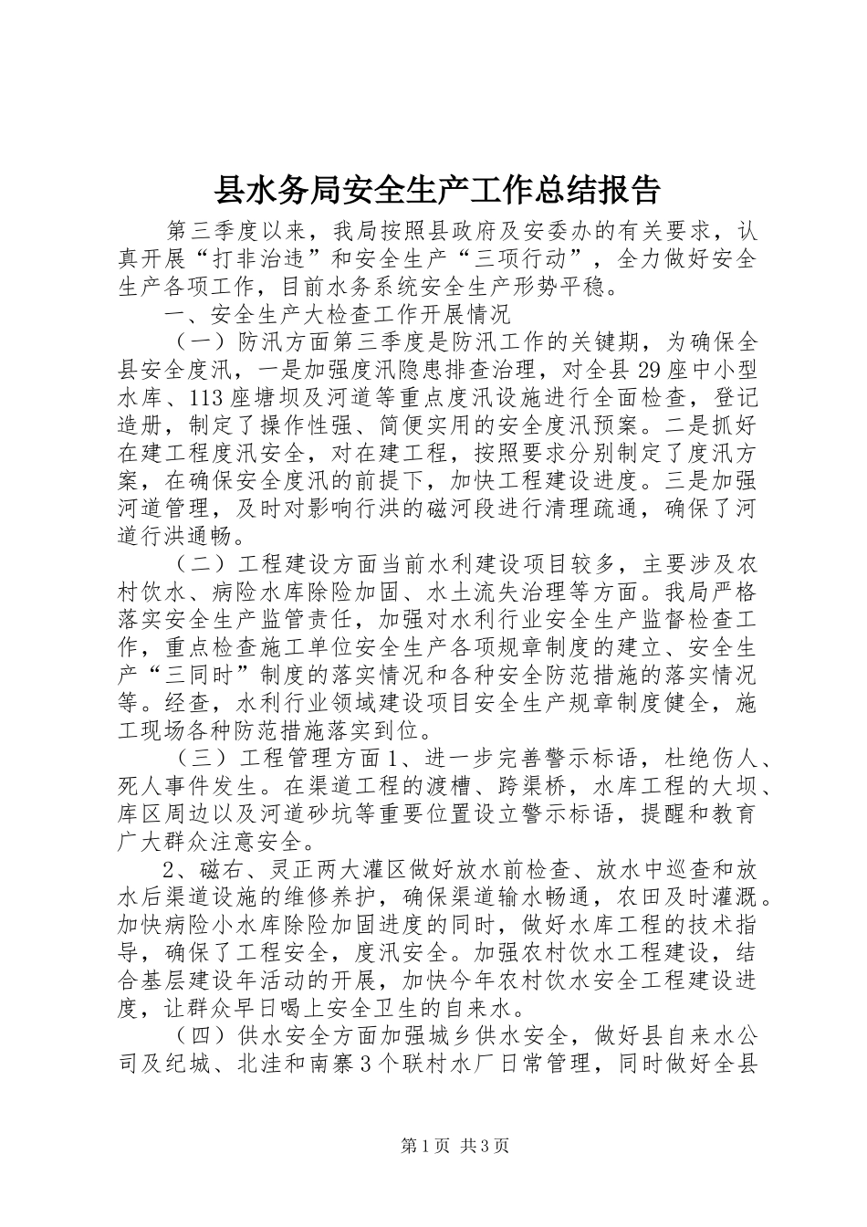 县水务局安全生产工作总结报告_第1页