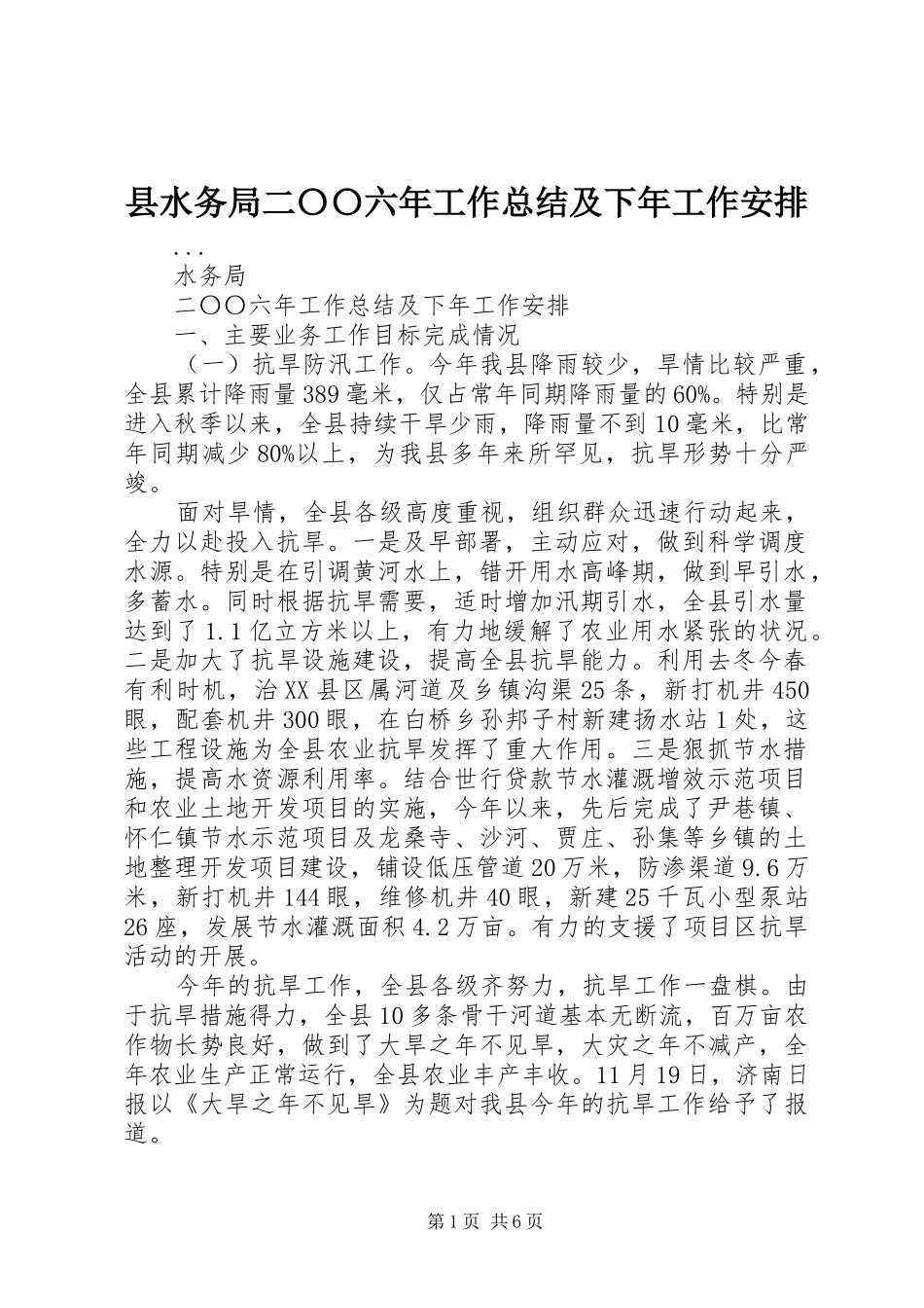 县水务局二〇〇六年工作总结及下年工作安排_第1页