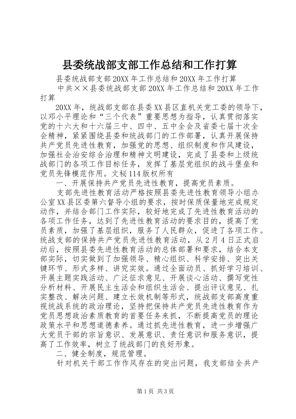 县委统战部支部工作总结和工作打算_第1页