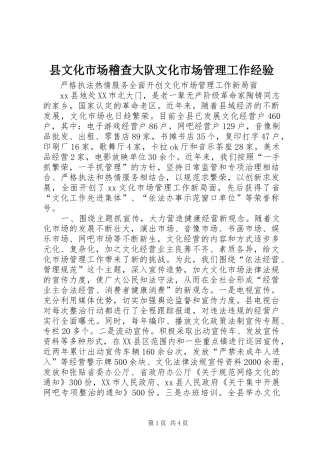 县文化市场稽查大队文化市场管理工作经验