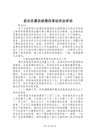 县长在惠农政策改革动员会致辞