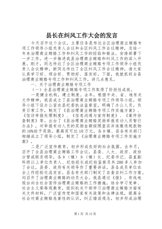 县长在纠风工作大会的讲话