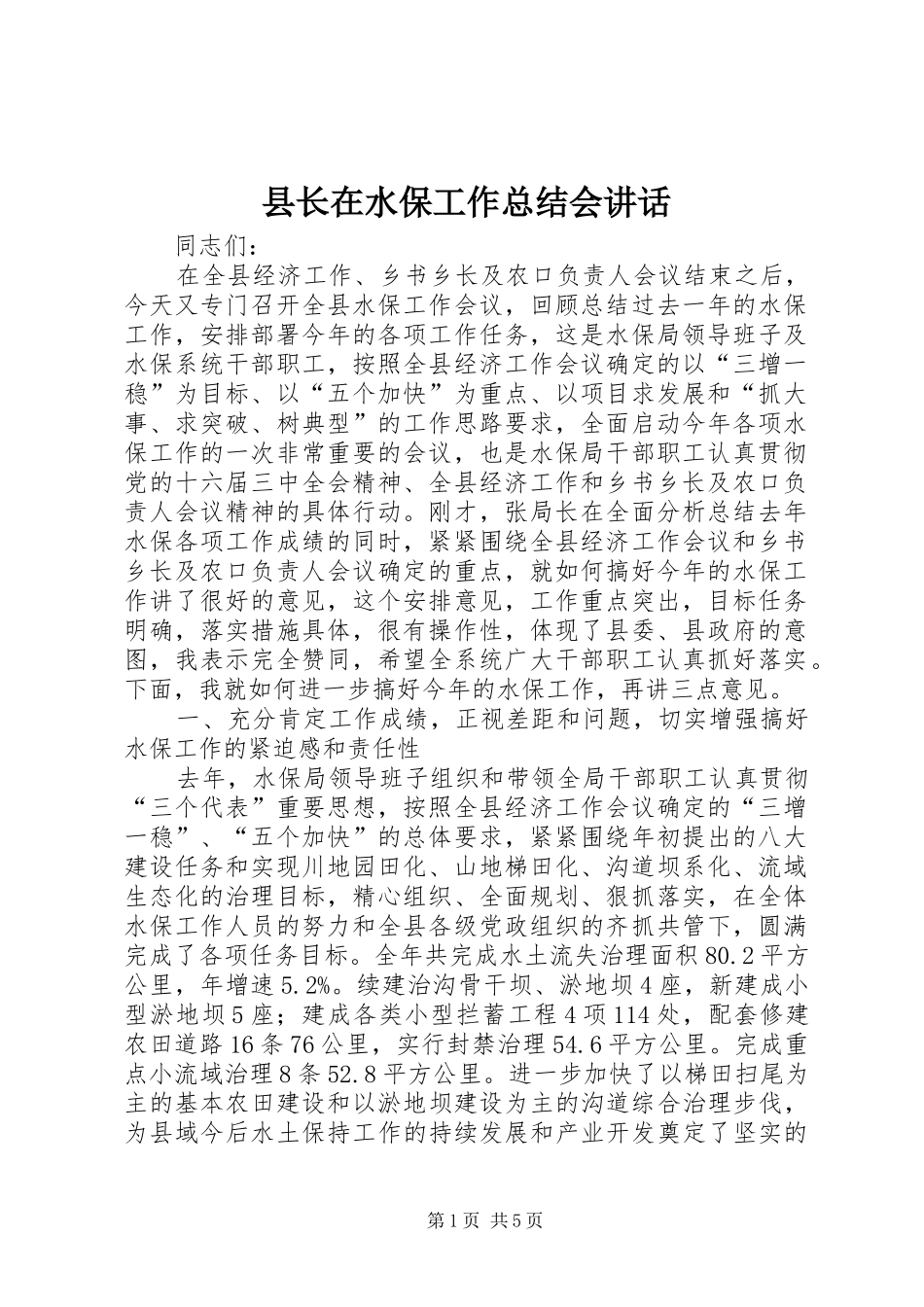 县长在水保工作总结会致辞_第1页