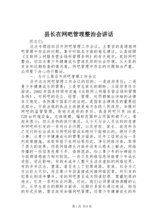 县长在网吧管理整治会致辞