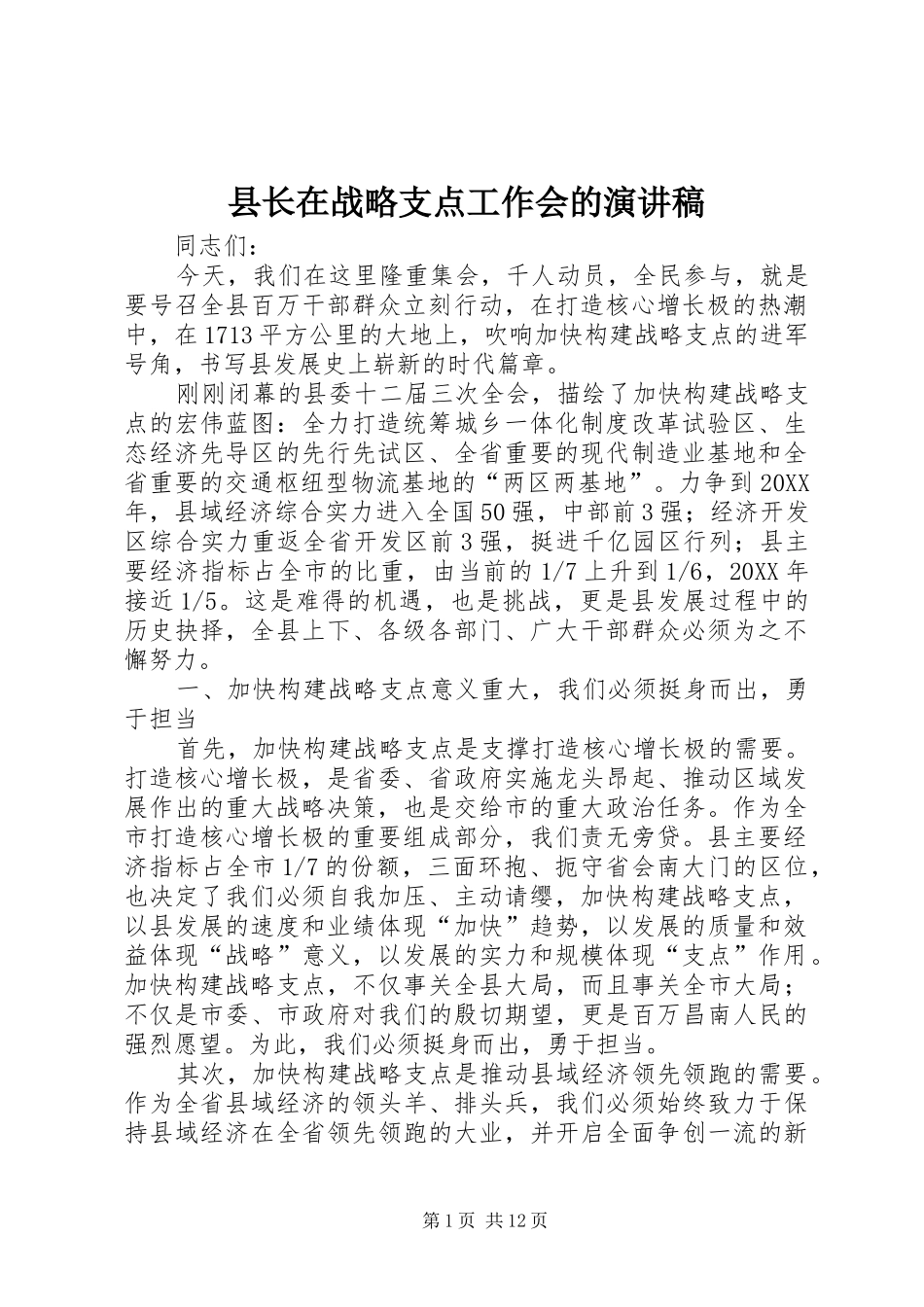 县长在战略支点工作会的演讲稿_第1页