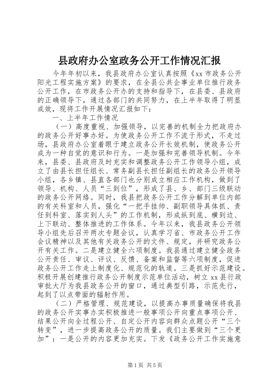 县政府办公室政务公开工作情况汇报_第1页