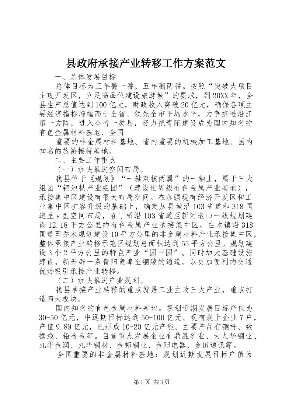 县政府承接产业转移工作方案范文_第1页