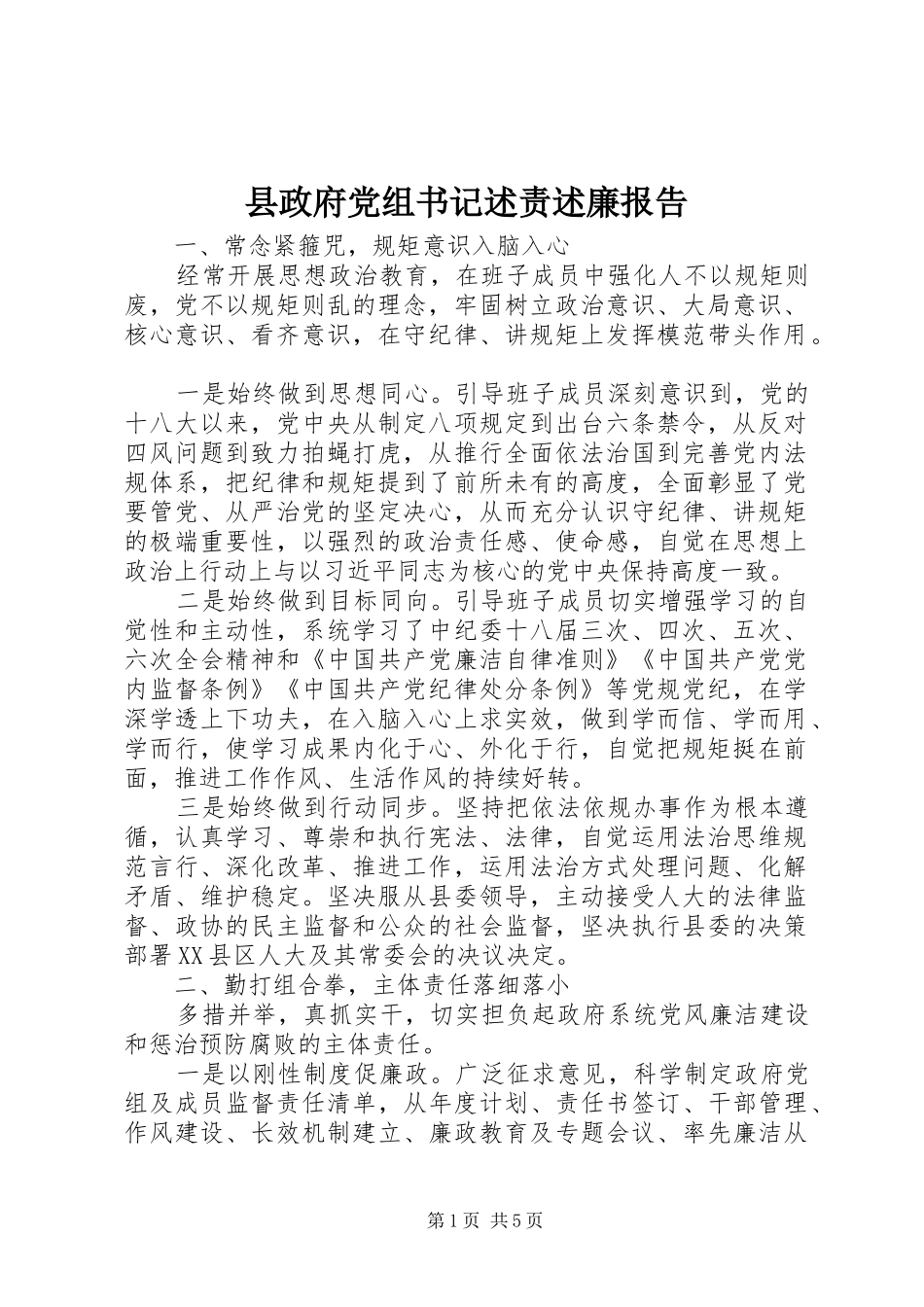 县政府党组书记述责述廉报告_第1页