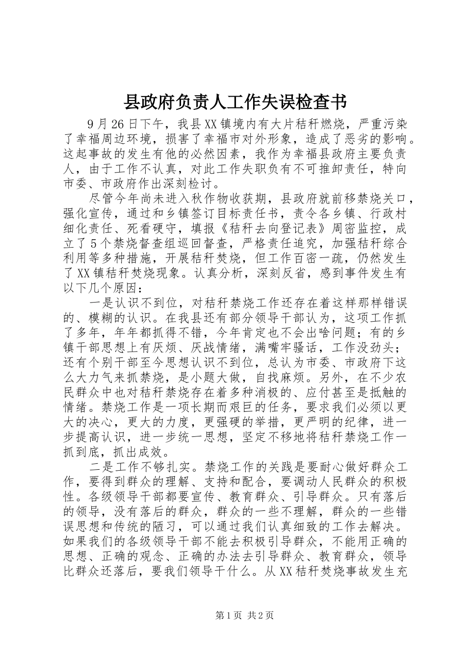 县政府负责人工作失误检查书_第1页