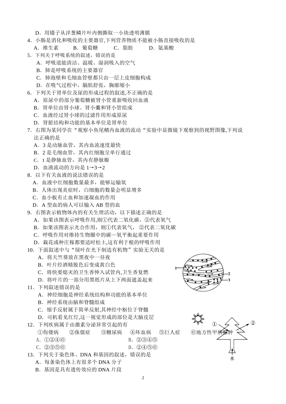 八年级生物结业考试试题及答案_第2页