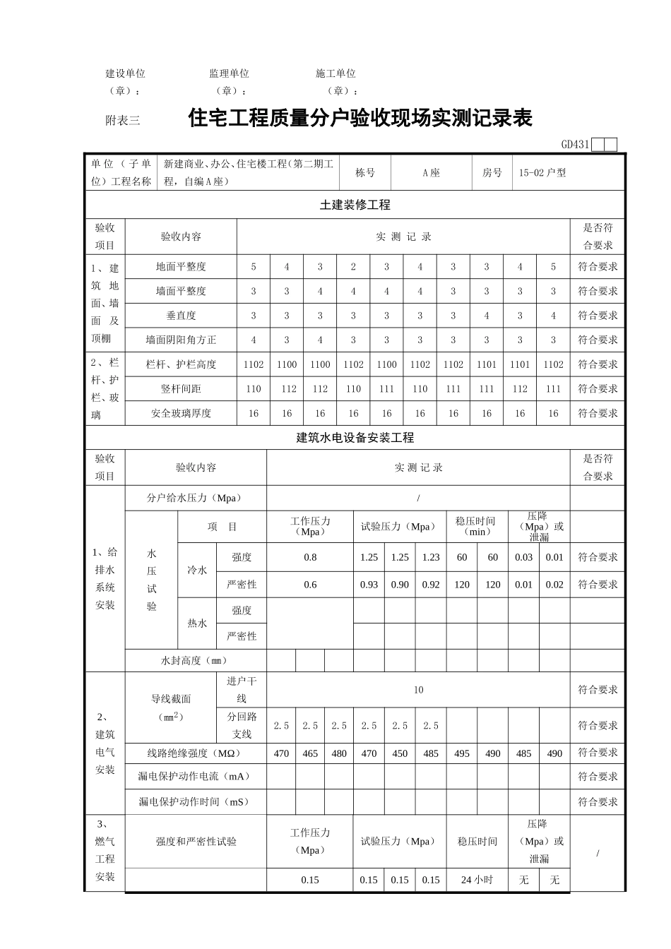 住宅工程质量分户验收现场实测记录表(17座)_第2页