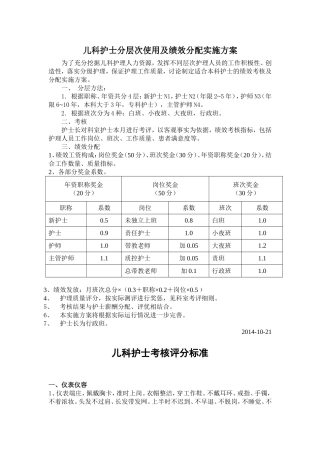 儿科护士分层次使用及绩效分配实施方案