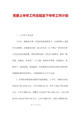 党委上半年工作总结及下半年工作计划