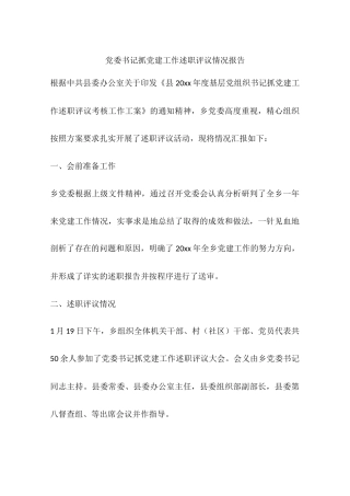 党委书记抓党建工作述职评议情况报告