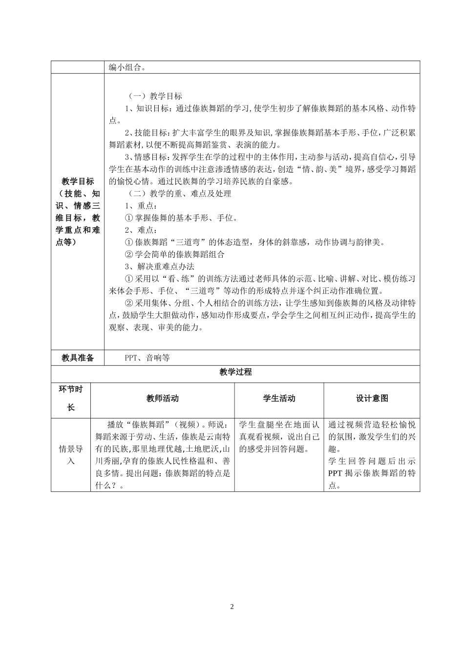 傣族舞蹈教案表格1_第2页