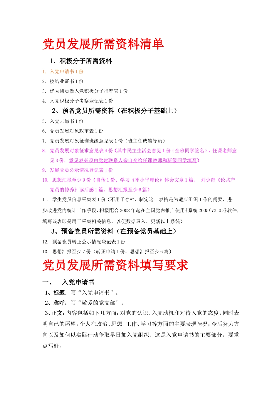党员发展所需资料清单及填写要求_第1页