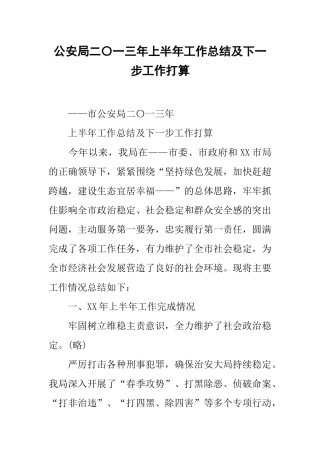 公安局二〇一三年上半年工作总结及下一步工作打算