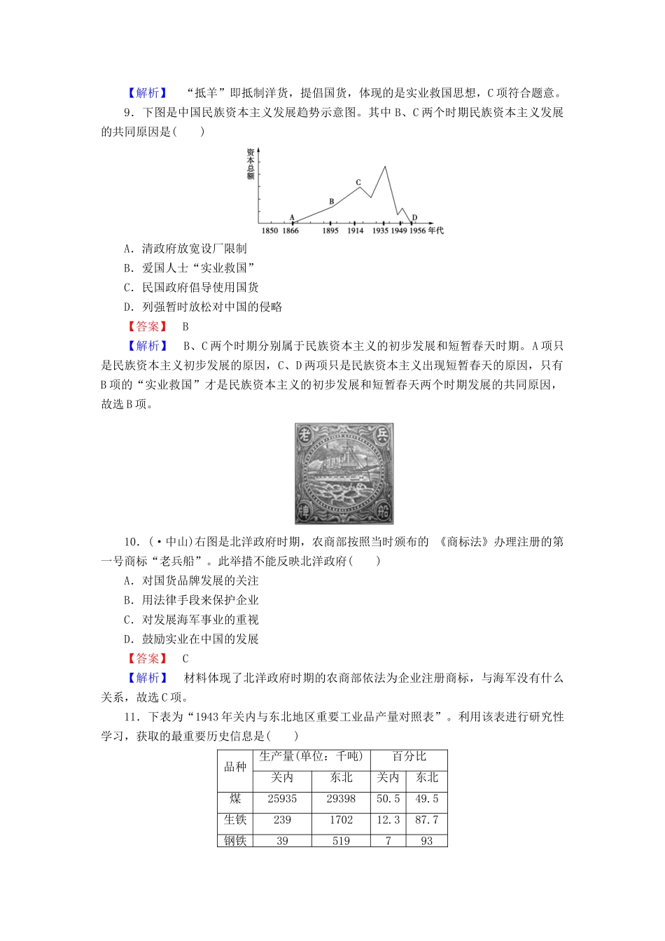 高中历史 第11课民国时期民族工业的曲折发展同步检测 岳麓版必修2_第3页