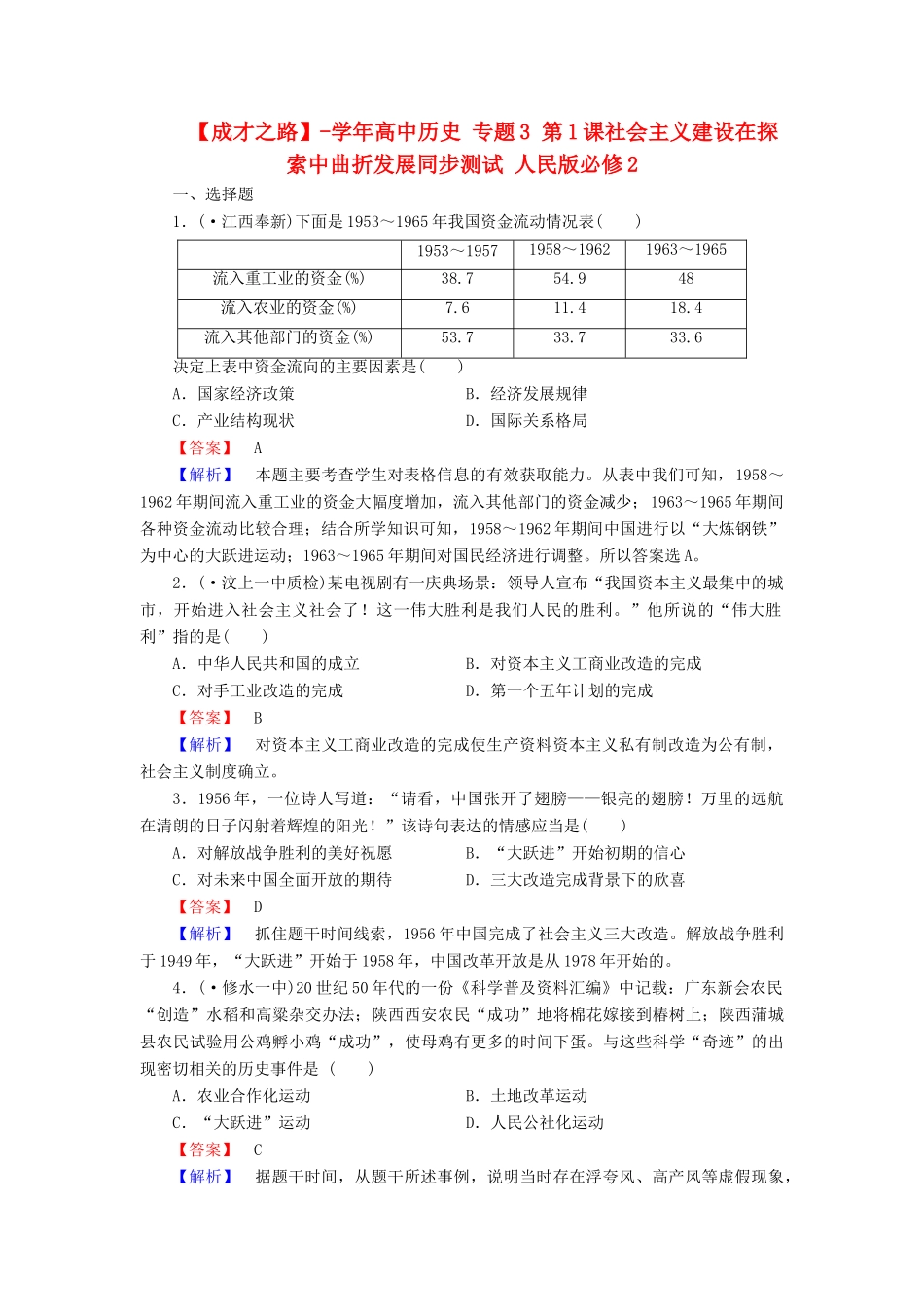 高中历史 专题3 第1课社会主义建设在探索中曲折发展同步测试 人民版必修2_第1页