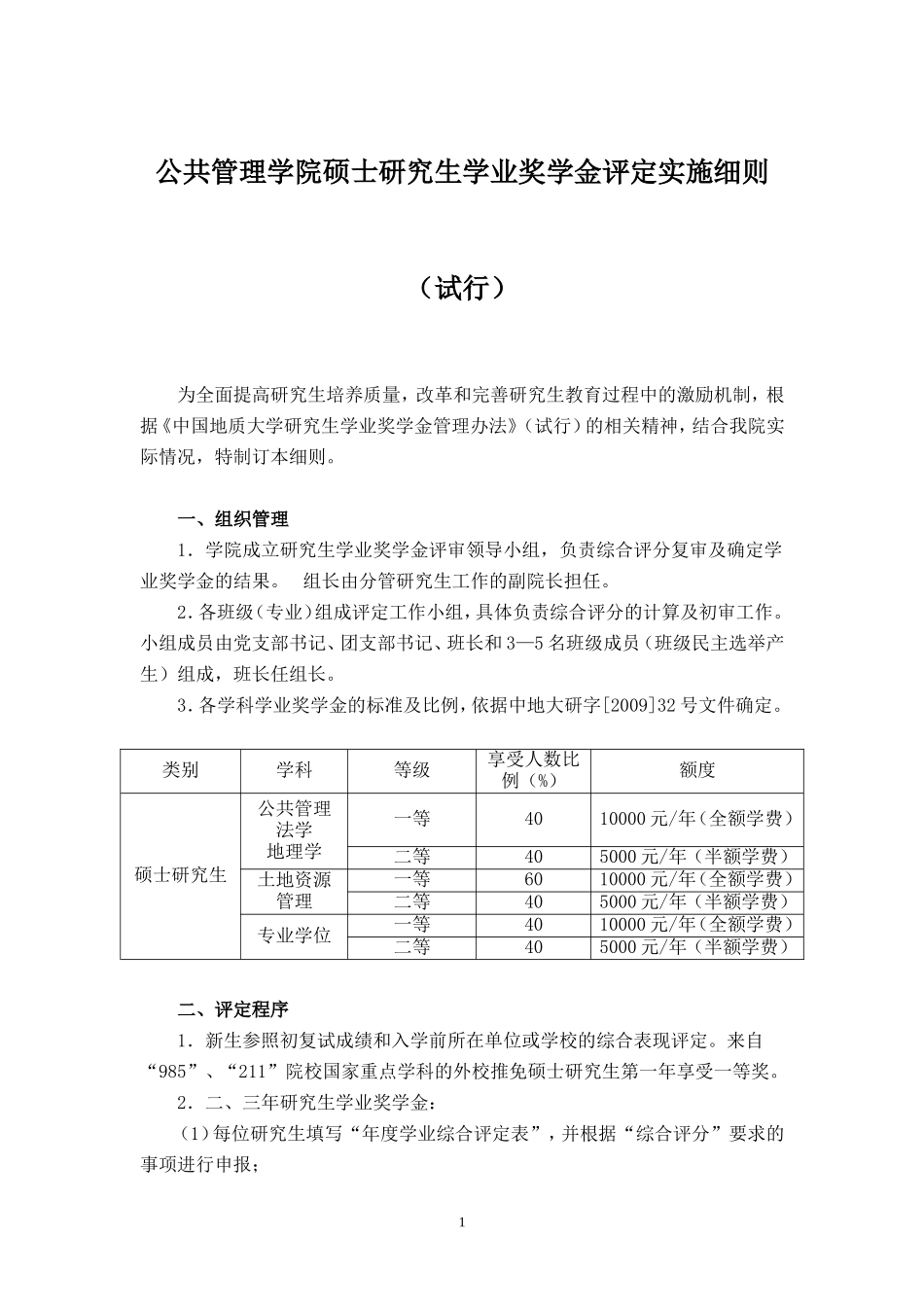 公共管理学院硕士研究生学业奖学金评定实施细则(试行)_第1页