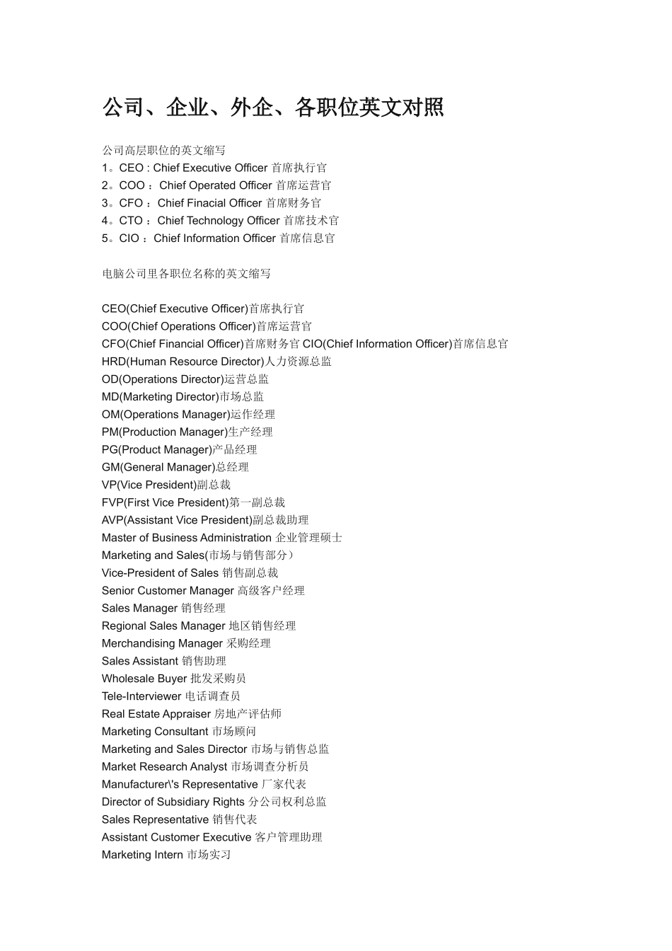 公司、企业、外企、各职位英文对照(同名24114)_第1页