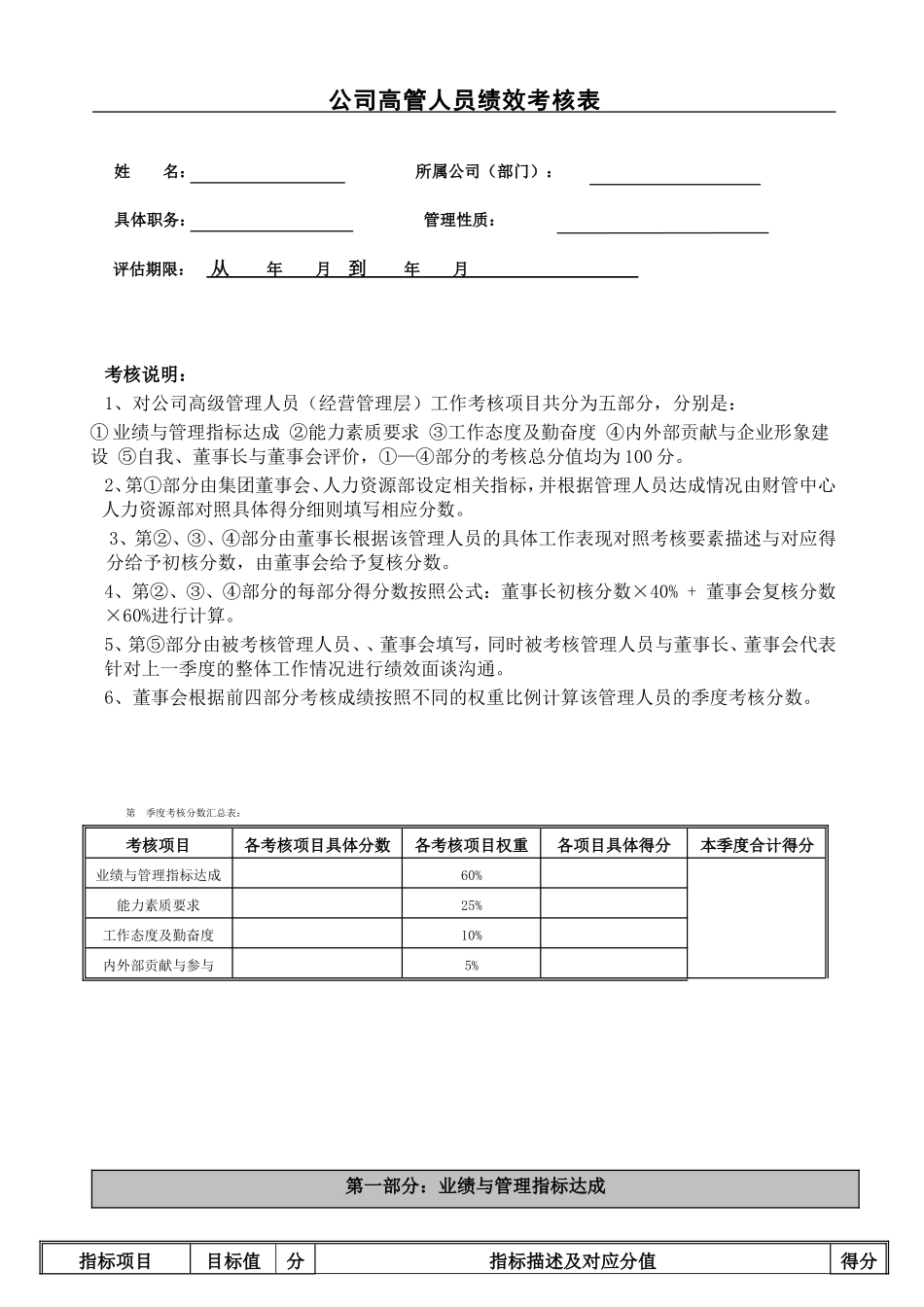 公司高层管理人员考核表_第1页