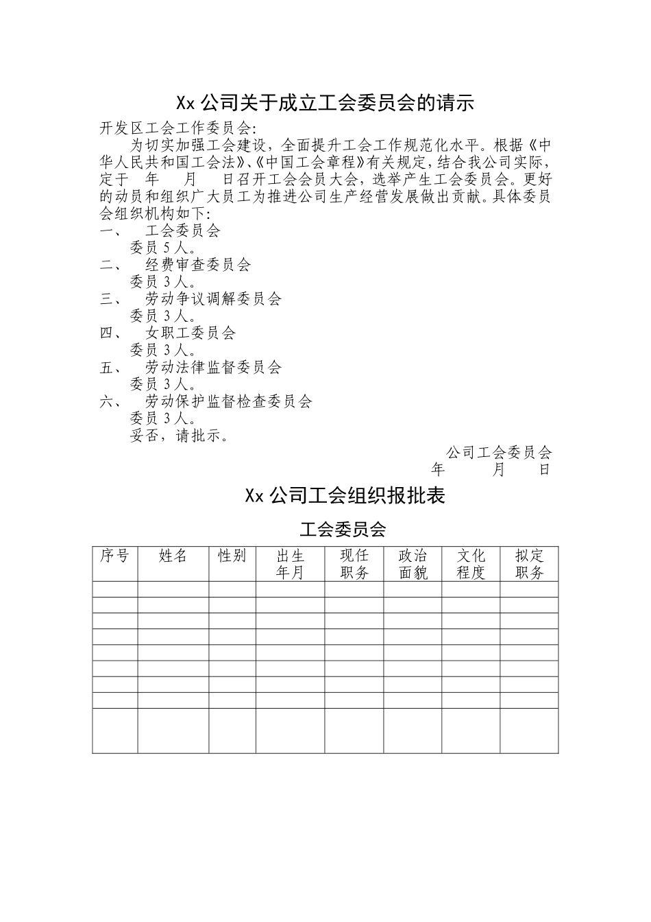 公司关于成立工会委员会的请示_第1页